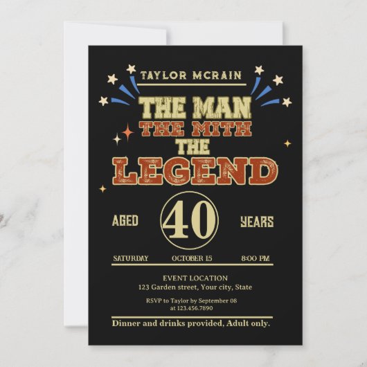 Editable Gold "Man, Myth, Legend, Birthday Invitat Einladung (Vorderseite)
