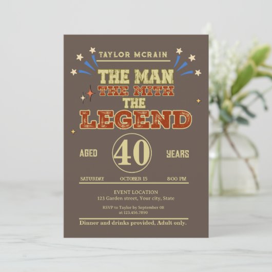 Editable Gold "Man, Myth, Legend, Birthday Invitat Einladung (Stehend Vorderseite)