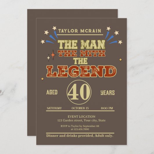 Editable Gold "Man, Myth, Legend, Birthday Invitat Einladung (Vorne/Hinten)