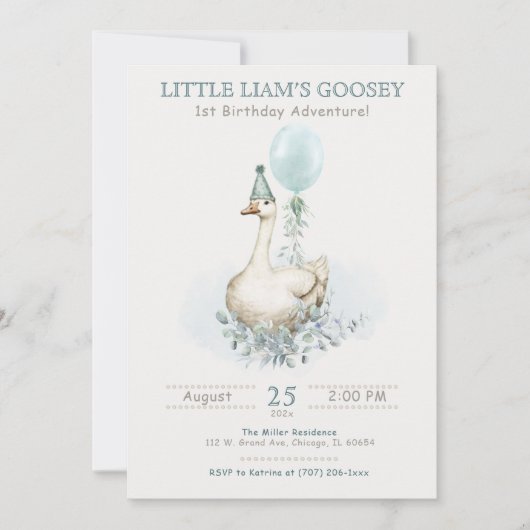 Editable Goose-themed First Birthday Einladung (Vorderseite)