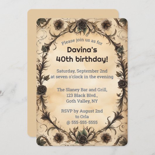 Editable Goth Black Rose Einladung (Vorne/Hinten)