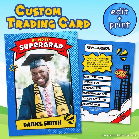 Editable Graduate Trading Card, Super Grad Comic Telefonnummerkarte