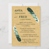 Editable Green Feather on Linen Wedding Einladung (Vorderseite)