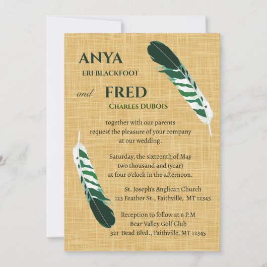Editable Green Feather on Linen Wedding Einladung (Vorderseite)