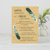 Editable Green Feather on Linen Wedding Einladung (Stehend Vorderseite)