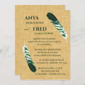 Editable Green Feather on Linen Wedding Einladung (Vorne/Hinten)