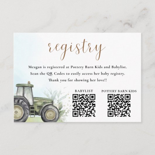 EDITABLE Green Tractor Baby Showregister Begleitkarte (Vorderseite)