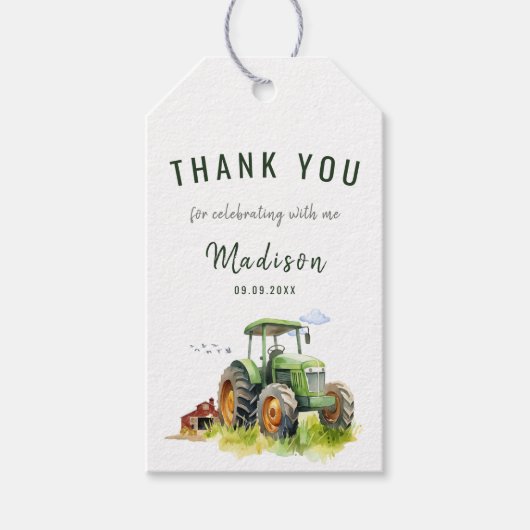 Editable Green Tractor Birthday Danke Tag Geschenkanhänger (Vorderseite)