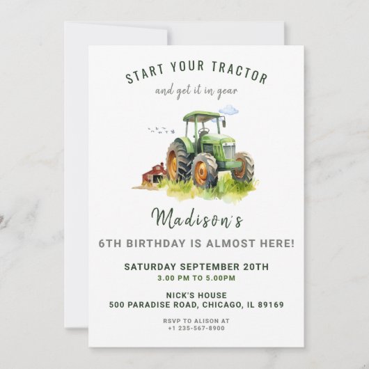 Editable Green Tractor Birthday Einladung (Vorderseite)