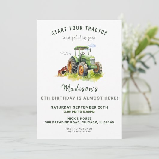 Editable Green Tractor Birthday Einladung (Stehend Vorderseite)