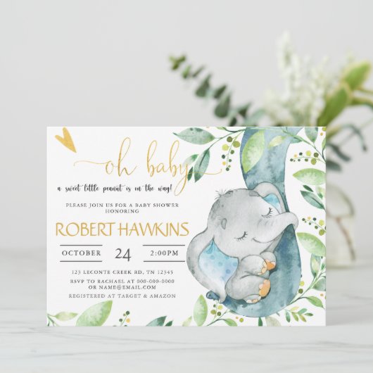 EDITABLE Greenery Elephant Baby Shower Einladung (Stehend Vorderseite)