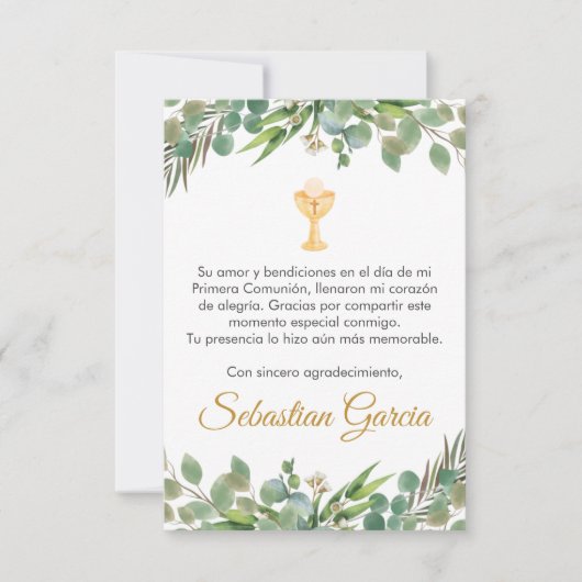 Editable Greenery First Communation in Spanisch Ni Dankeskarte (Vorderseite)