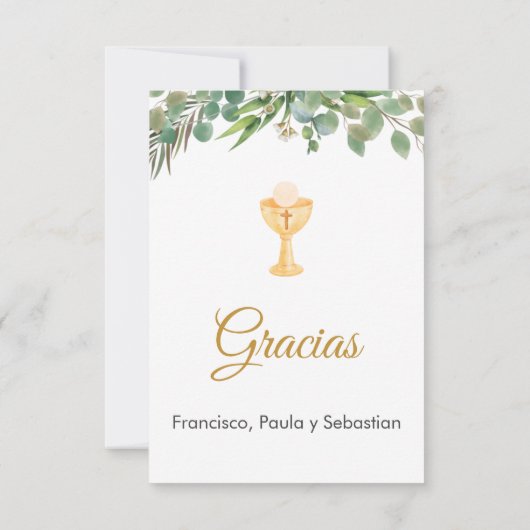Editable Greenery First Communation in Spanisch Ni Dankeskarte (Rückseite)