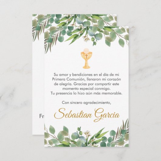Editable Greenery First Communation in Spanisch Ni Dankeskarte (Vorne/Hinten)