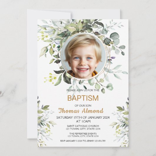 Editable Greenery Photo Baptism Invitation Boy Einladung (Vorderseite)