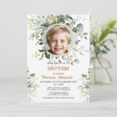 Editable Greenery Photo Baptism Invitation Boy Einladung (Stehend Vorderseite)