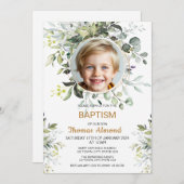 Editable Greenery Photo Baptism Invitation Boy Einladung (Vorne/Hinten)