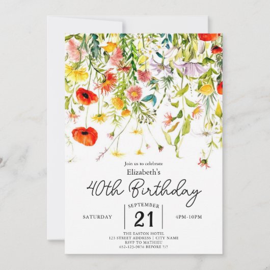 Editable Greenery Wildblumen 40. Geburtstag Einladung (Vorderseite)