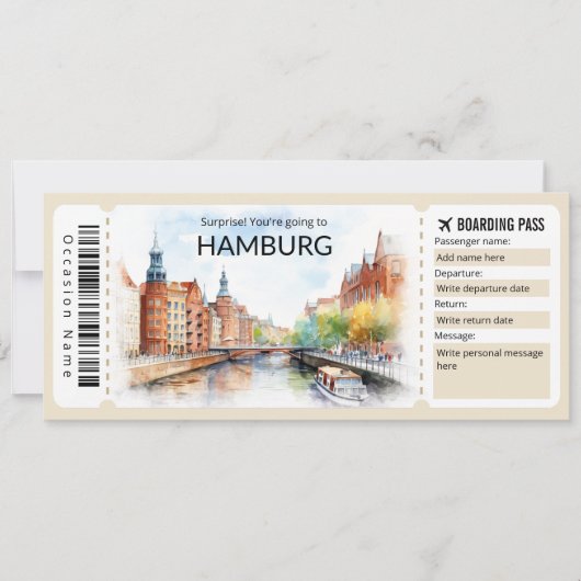 Editable Hamburg Boarding Pass Flugzeug Ticket Einladung (Vorderseite)