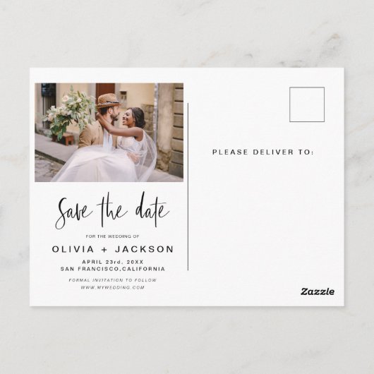 Editable Hand Letted White Save the Date Foto Postkarte (Rückseite)