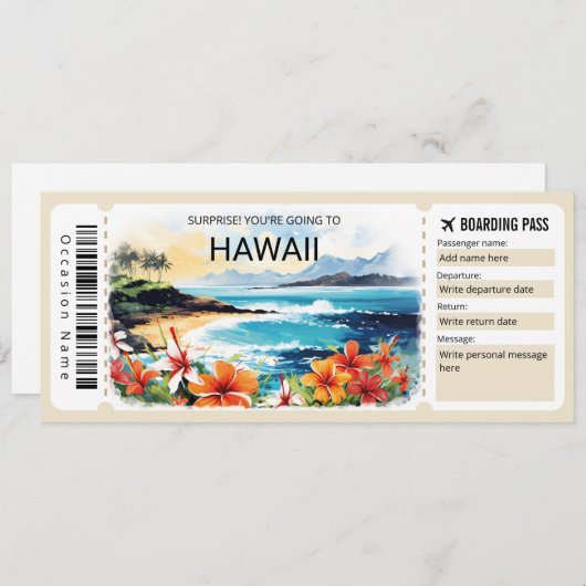 Editable Hawaii Flugzeug Boarding Pass Ticket Einladung (Vorne/Hinten)