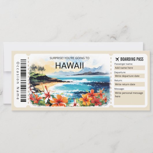Editable Hawaii Flugzeug Boarding Pass Ticket Einladung (Vorderseite)