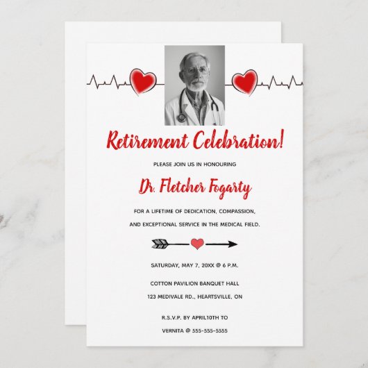 Editable Heart Puls Doctor Retirement Einladung (Vorne/Hinten)