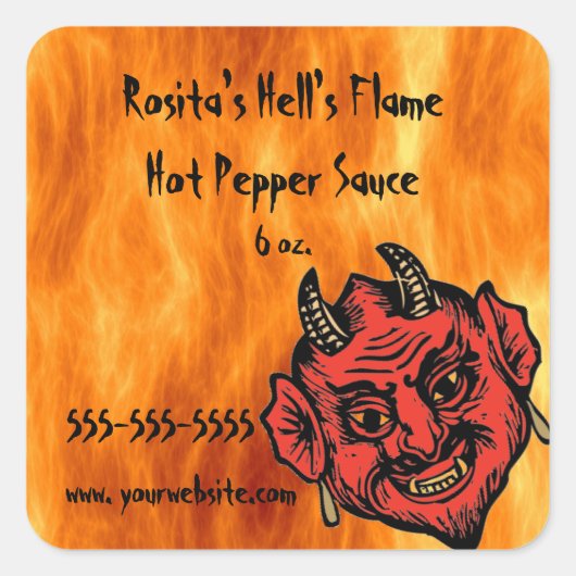Editable Hell's Flame Hot Sauce Label Quadratischer Aufkleber (Vorderseite)