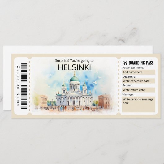 Editable Helsinki Flugzeug Ticket, Finnland Trip Einladung (Vorne/Hinten)