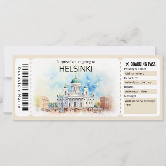 Editable Helsinki Flugzeug Ticket, Finnland Trip Einladung (Vorderseite)