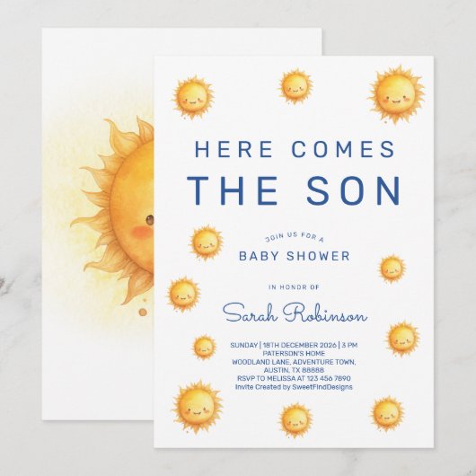 Editable Here Comes The Son Baby Shower Einladung (Vorne/Hinten)
