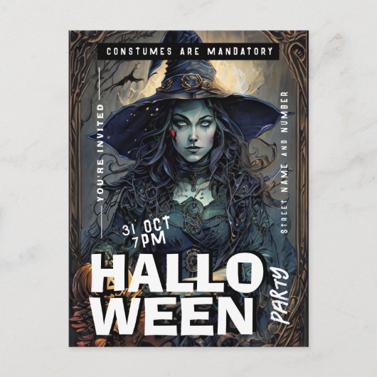 Editable Hexe Halloween-Party Einladung Postkarte (Vorderseite)