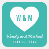 Editable Hintergrundfarbe Monogram Heart Wedding Quadratischer Aufkleber (Vorderseite)