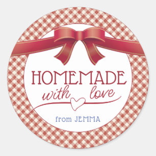 Editable Homemade mit Liebe Red Bow und Gingham Runder Aufkleber