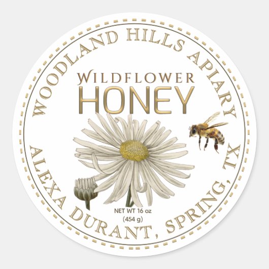 Editable Honey Jar Bee Wildblume Daisy Label Runder Aufkleber (Vorderseite)