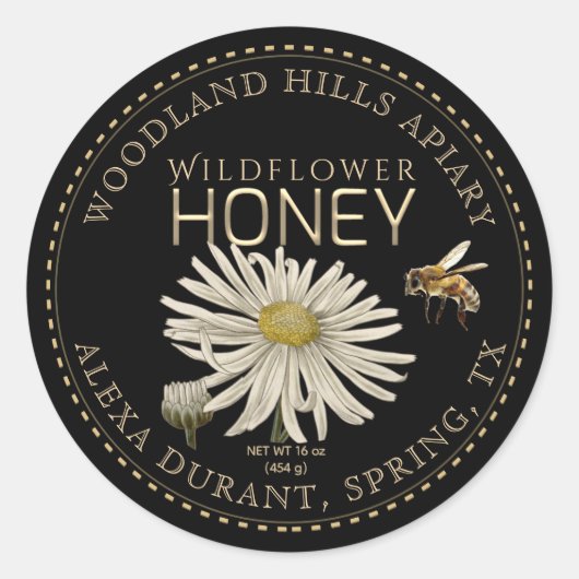 Editable Honey Jar Bee Wildblume Label Black Runder Aufkleber (Vorderseite)