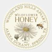 Editable Honey Jar Bee Wildblume Label Elfenbein Runder Aufkleber (Vorderseite)