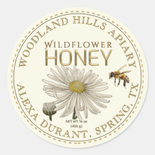 Editable Honey Jar Bee Wildblume Label Elfenbein Runder Aufkleber