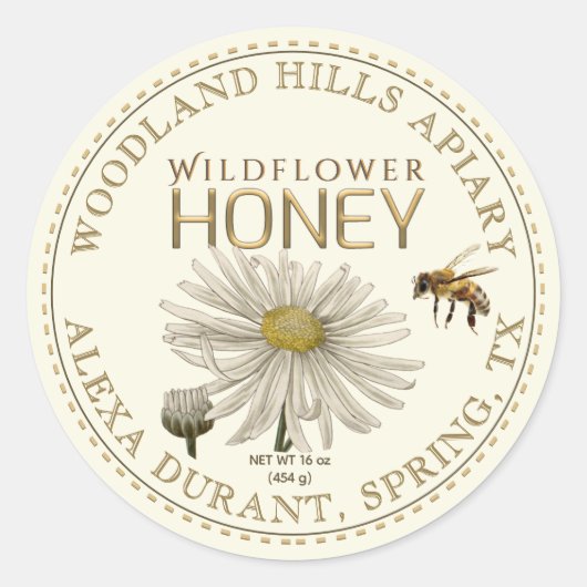 Editable Honey Jar Bee Wildblume Label Elfenbein Runder Aufkleber (Vorderseite)