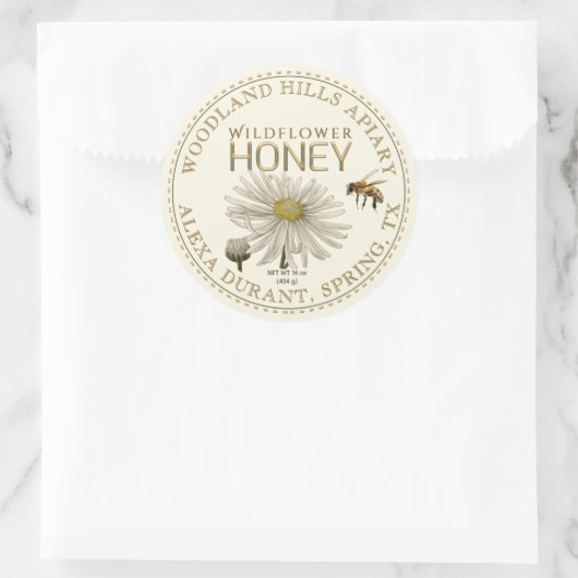 Editable Honey Jar Bee Wildblume Label Elfenbein Runder Aufkleber (Tasche)