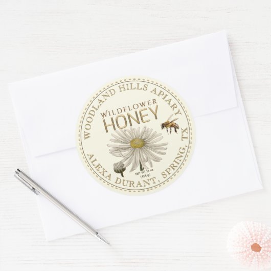 Editable Honey Jar Bee Wildblume Label Elfenbein Runder Aufkleber (Umschlag)