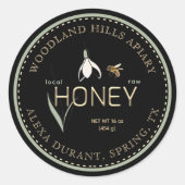 Editable Honey Label Spring Black Snowdrop Blume Runder Aufkleber (Vorderseite)