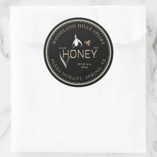 Editable Honey Label Spring Black Snowdrop Blume Runder Aufkleber (Tasche)