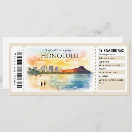 Editable Honolulu Boarding Pass Flugzeug Ticket Einladung (Vorne/Hinten)