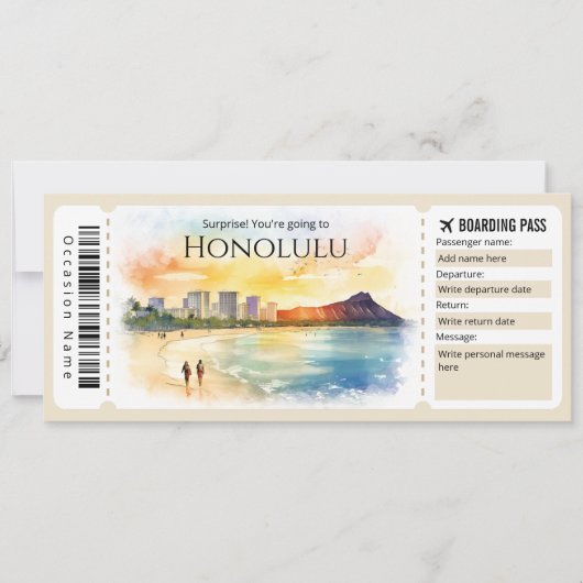 Editable Honolulu Boarding Pass Flugzeug Ticket Einladung (Vorderseite)