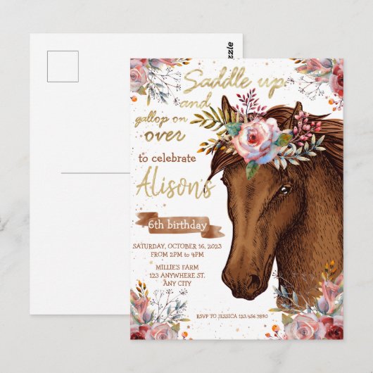 Editable Horse Cowgirl Geburtstagsparty Postkarte (Vorne/Hinten)