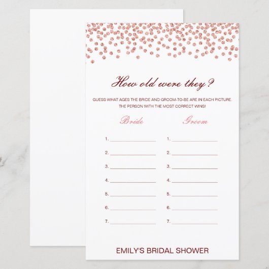 Editable How old were they? Bridal Shower Game (Vorne/Hinten)