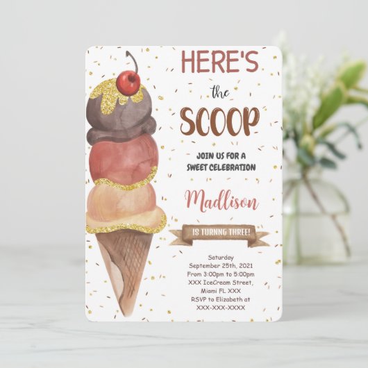 Editable Ice Cream Birthday Einladung (Stehend Vorderseite)