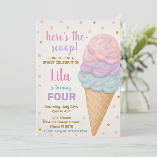 Editable Ice Cream Birthday Einladung (Stehend Vorderseite)