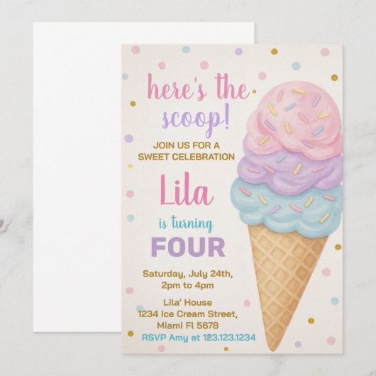 Editable Ice Cream Birthday Einladung (Vorne/Hinten)